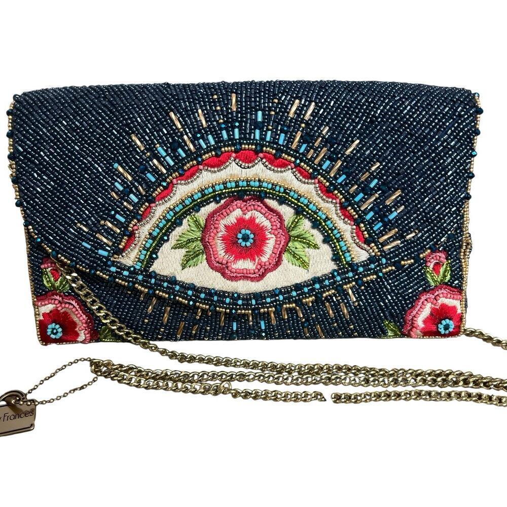 Mary Frances Blue Beaded Mystic Flap Crossbody Bag Gold Chain Crossbody